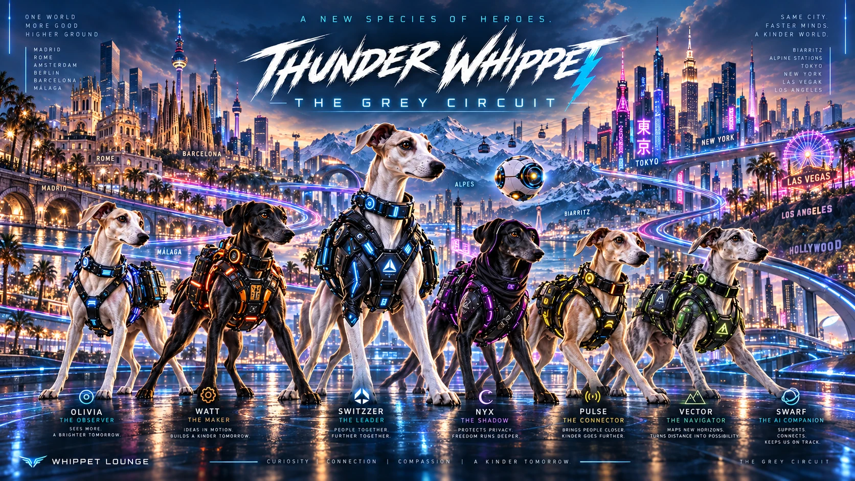 Switzzer, Olivia, Watt, Nyx, Pulse y Vector con SWARF en un paisaje futurista de ciudades conectadas